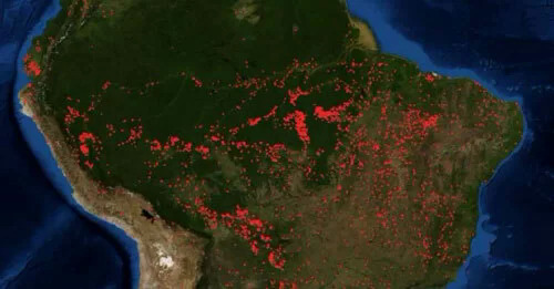 Ảnh vệ tinh cho thấy quy mô các vụ cháy rừng Amazon. Ảnh: NASA.