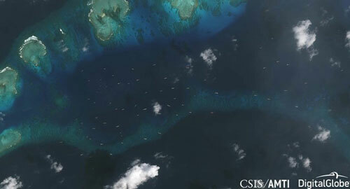 Ảnh vệ tinh tàu Trung Quốc xuất hiện gần đảo Thị Tứ được AMTI công bố hồi tháng 2. Ảnh: CSIS/AMTI.