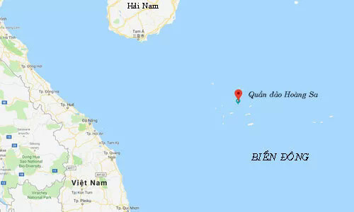 Khu vực Trung Quốc tập trận trái phép (chấm đỏ) tại quần đảo Hoàng Sa của Việt Nam. Đồ họa: Google Maps.