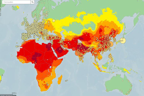 Bản đồ đo bụi mịn PM2.5. Ảnh: WHO.