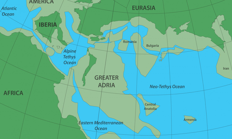 Vị trí của lục địa Greater Adria cách đây 140 triệu năm. Ảnh: Douwe van Hinsbergen.