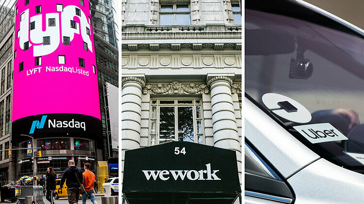 Logo Lyft, WeWork và Uber trên đường phố Mỹ. Ảnh: NYT